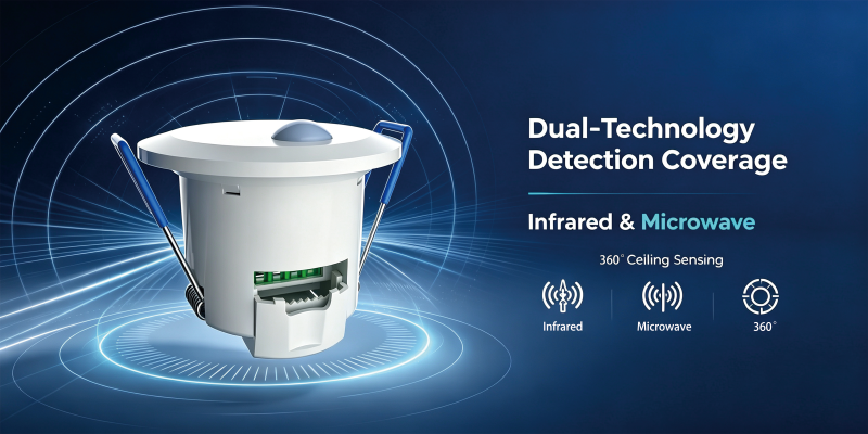 O PD-PRW26D é um sensor de movimento montado no teto que combina tecnologias de detecção de microondas e infravermelho em uma unidade.